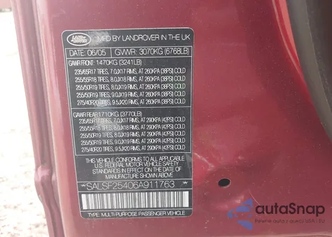 2006 Land Rover Range Rover Sport Hse из США, поврежденный, VIN SALSF25406A911763